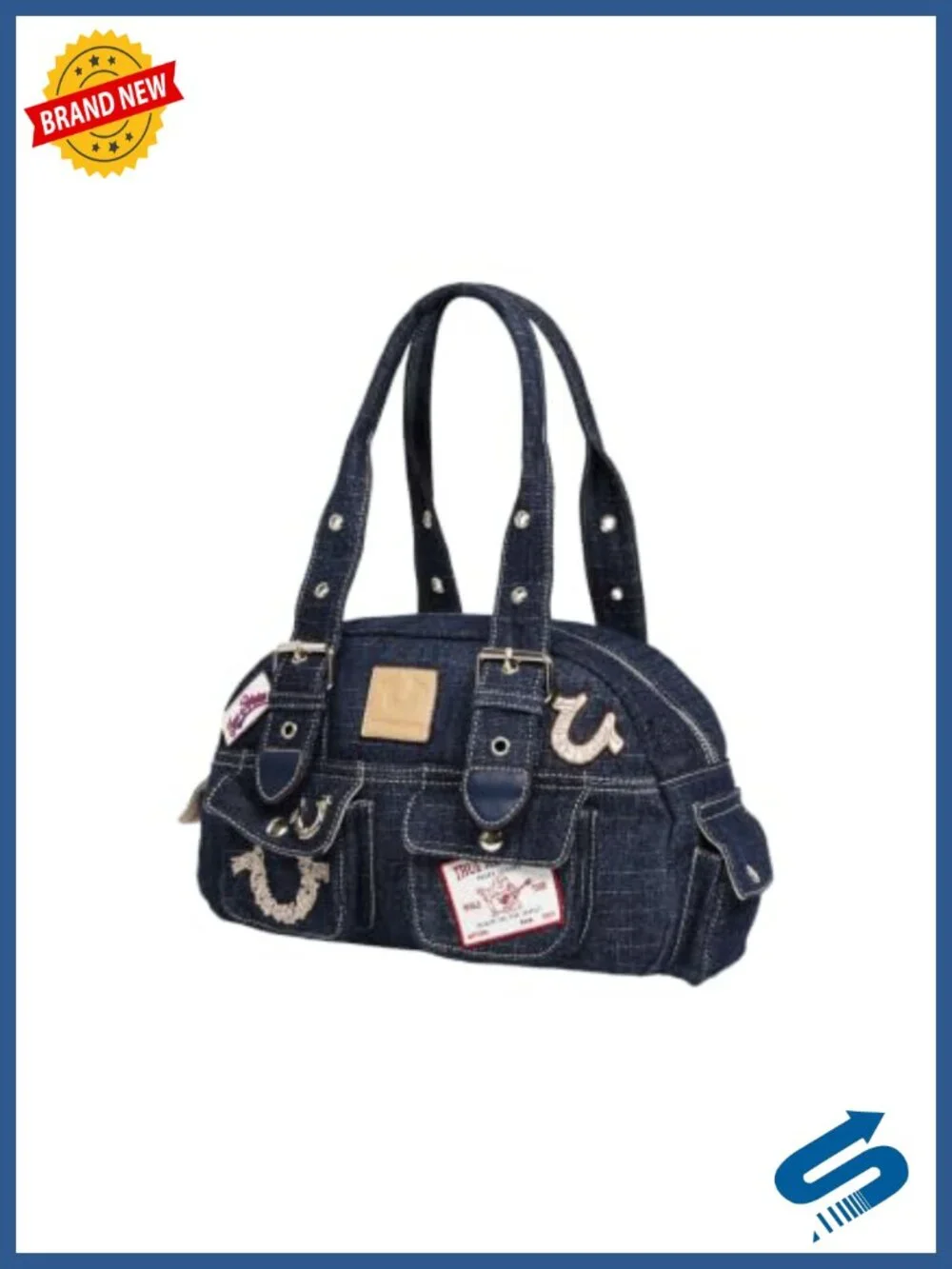 Designer Denim Satchel with Embroidered Horseshoes and Patches
